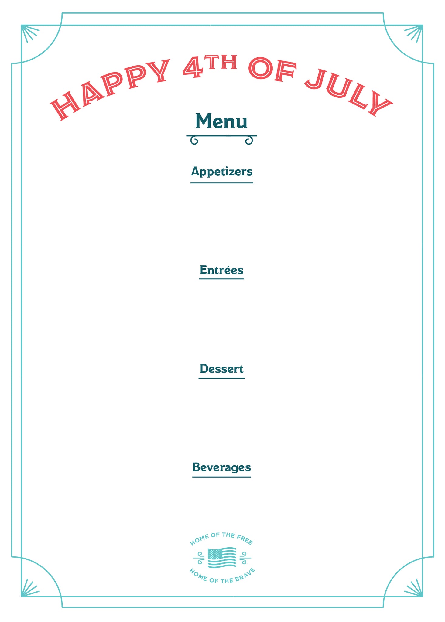 Blank 4th of July Menu for Southern Breeze
