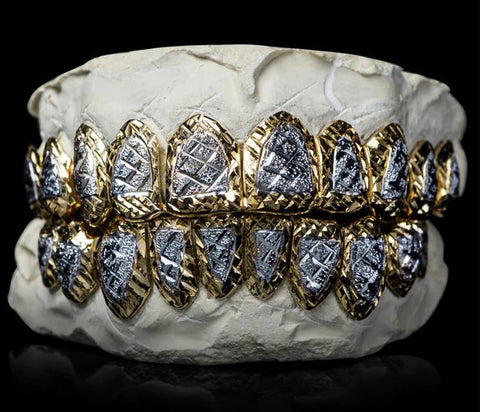 SOLID TWO TONE GOLD DIAMOND CUT WITH DIAMOND DUST GRILLZ