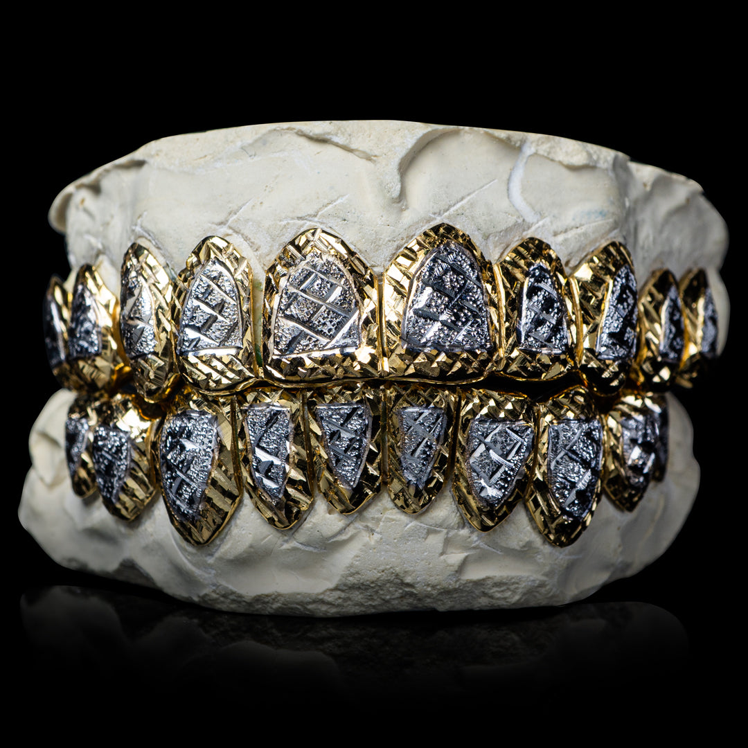 Yellow and White Gold Heart Open Face Diamond Cut Grillz