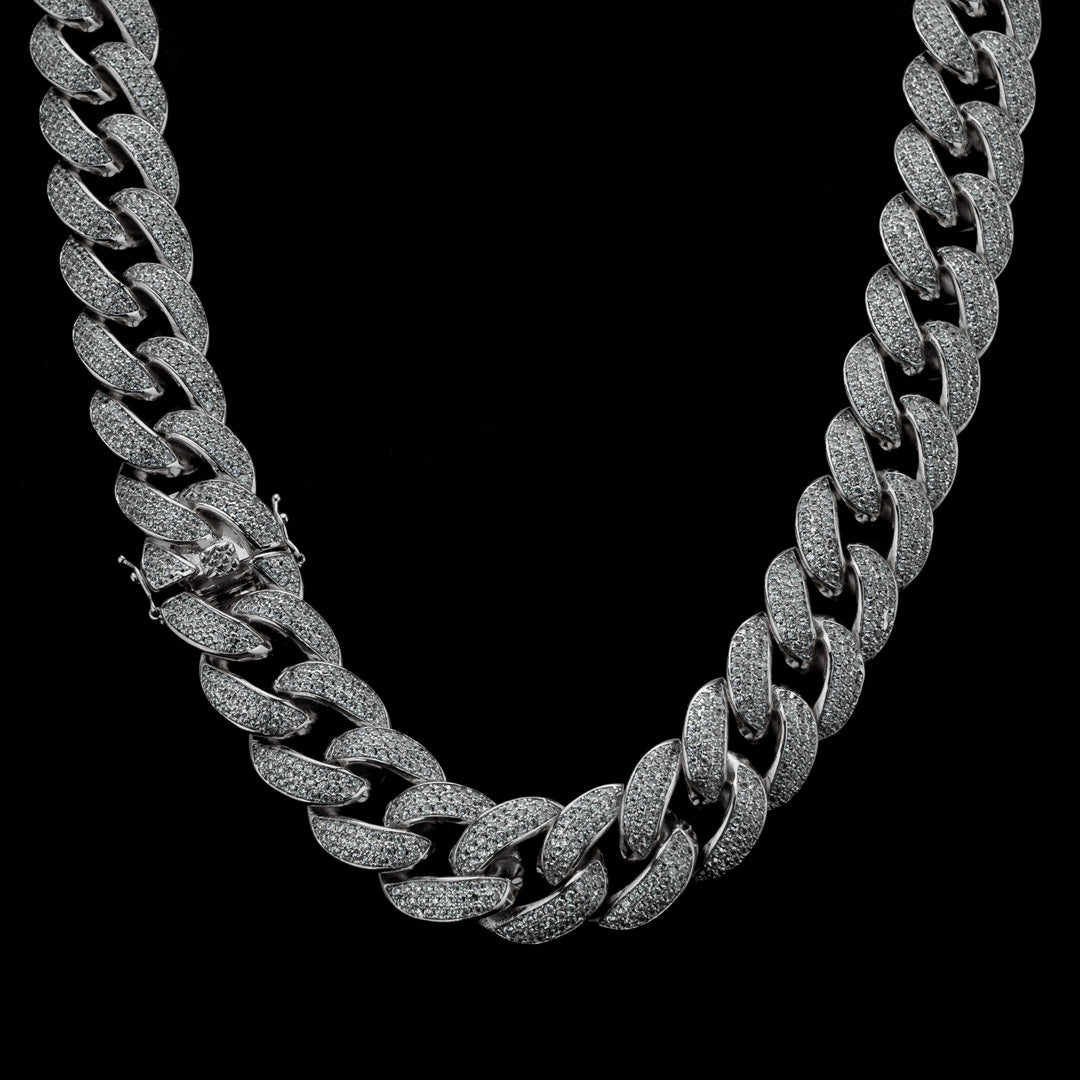 18K White Gold Plated Cuban Chain 3 Row Out ICED Lab Diamond 18mm Miami