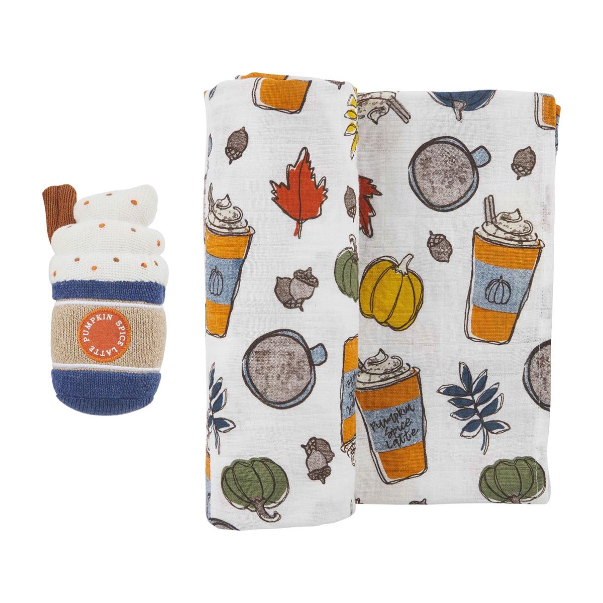 pumpkin spice late muslin swaddle and rattle set