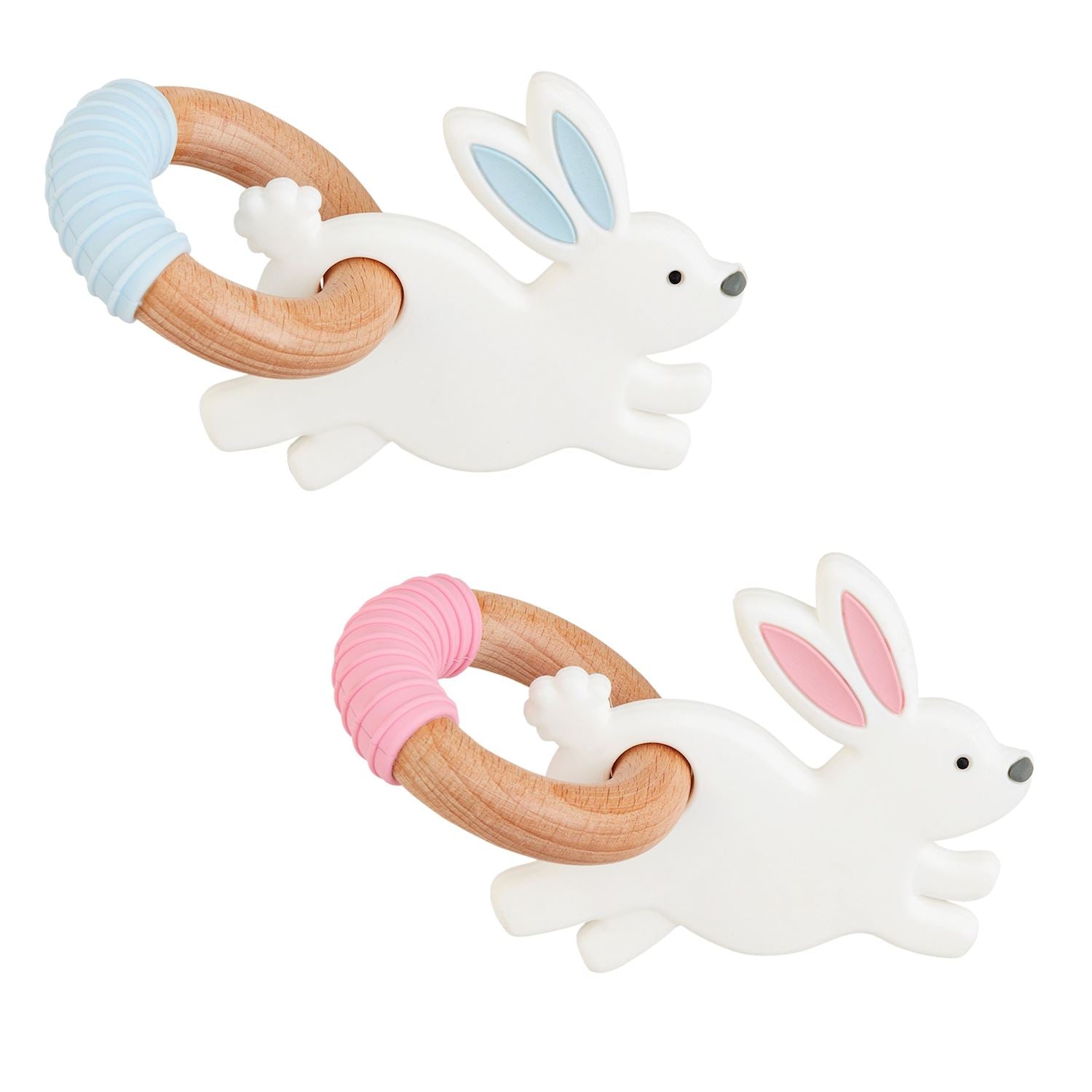 mud pie bunny teethers in blue and pink