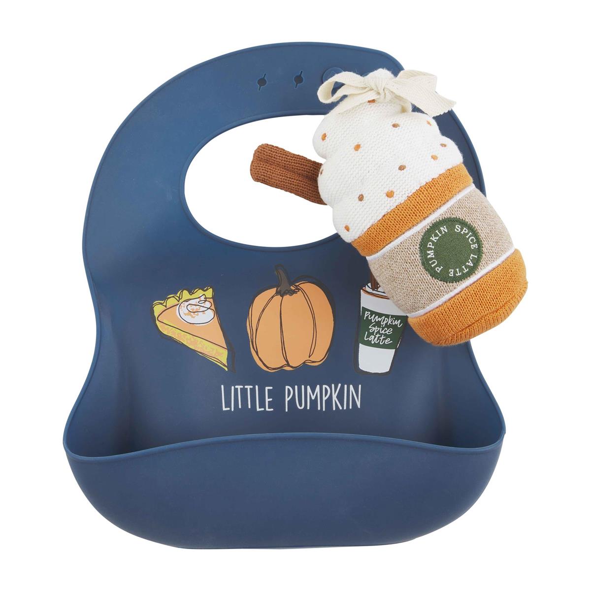 pumpkin spice silicone bib and knit rattle