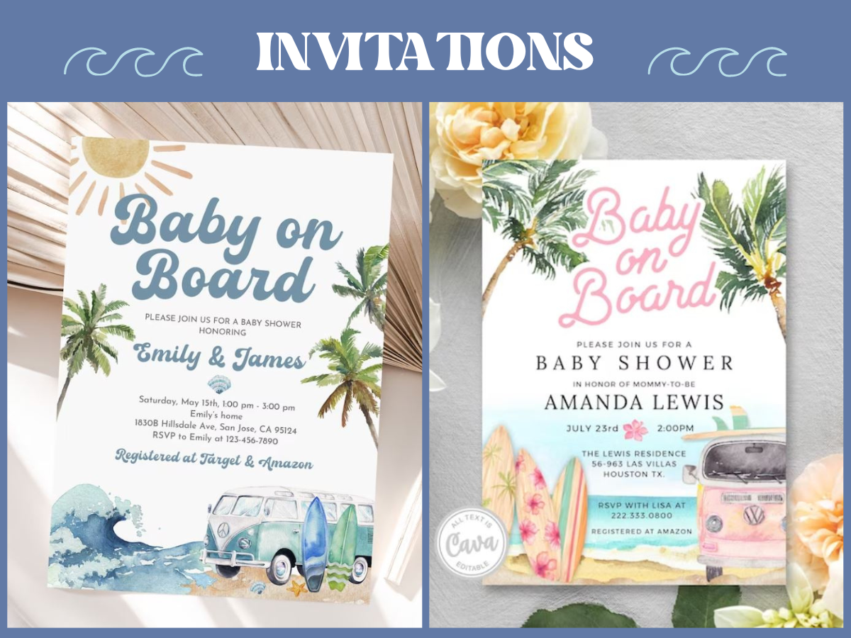 baby on board surfing baby shower invitation inspiration