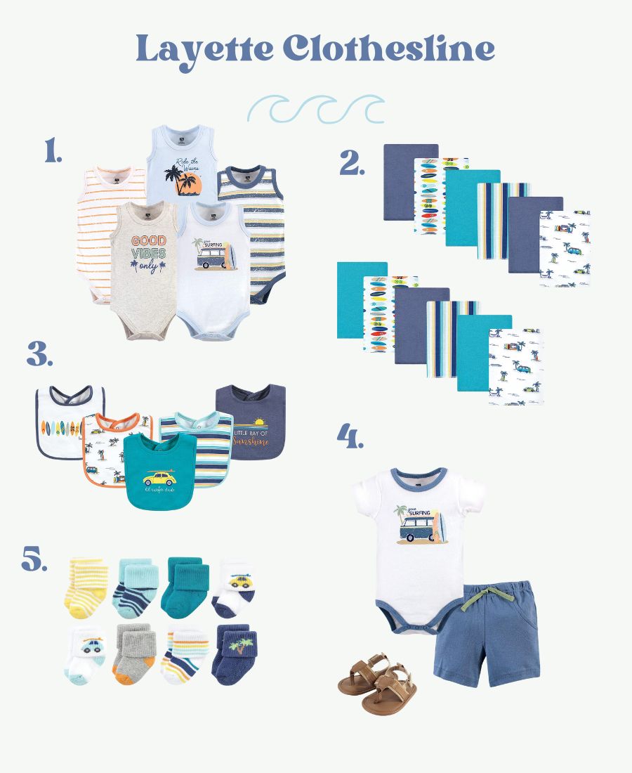surfing baby layette bodysuits burp cloths socks outfits bibs
