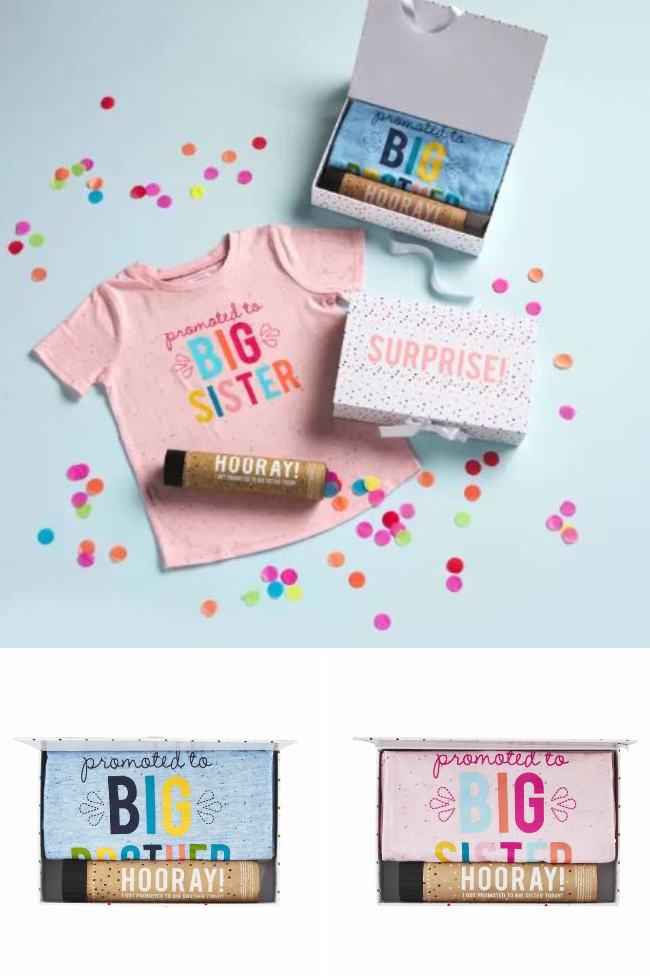 big brother and big sister gift box with tee shirt and confetti popper