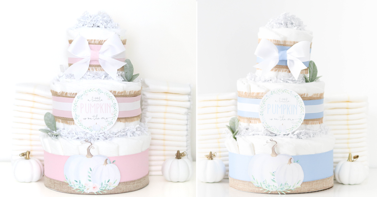 pink and blue pumpkin diaper cakes