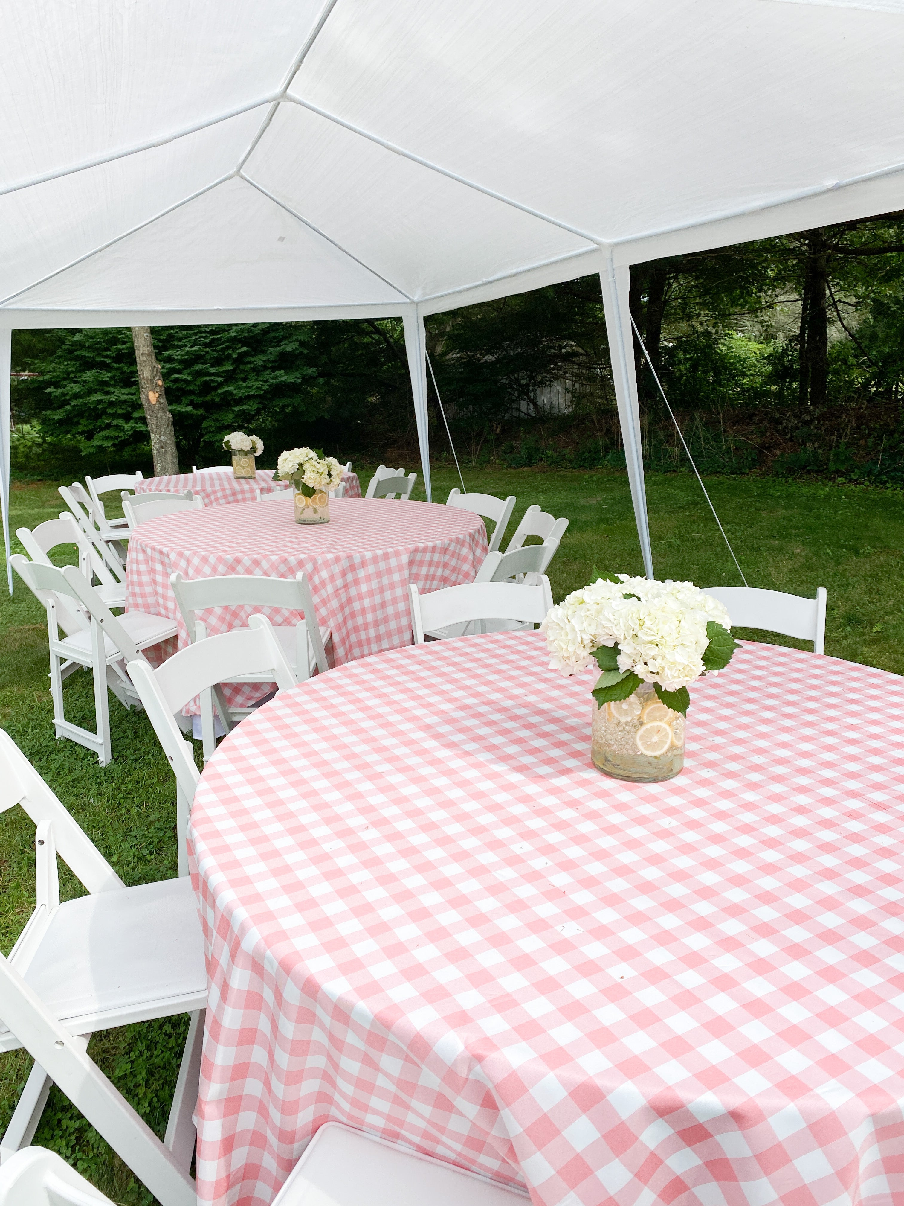 pink gingham baby shower tables and lemon centerpieces
