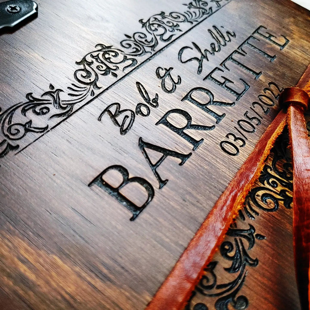 Best 5th year anniversary gift | close-up of personalized custom engraved wooden book cover with intricate design and personalized text