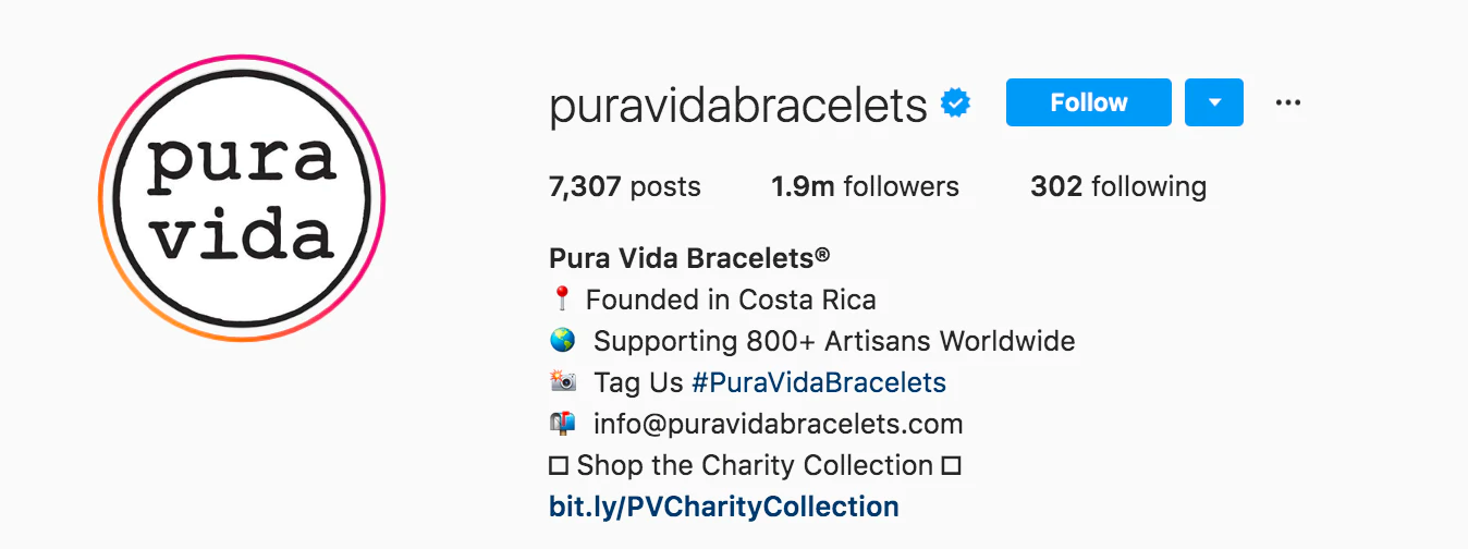 Pura Vida Bracelets社プロフィール欄