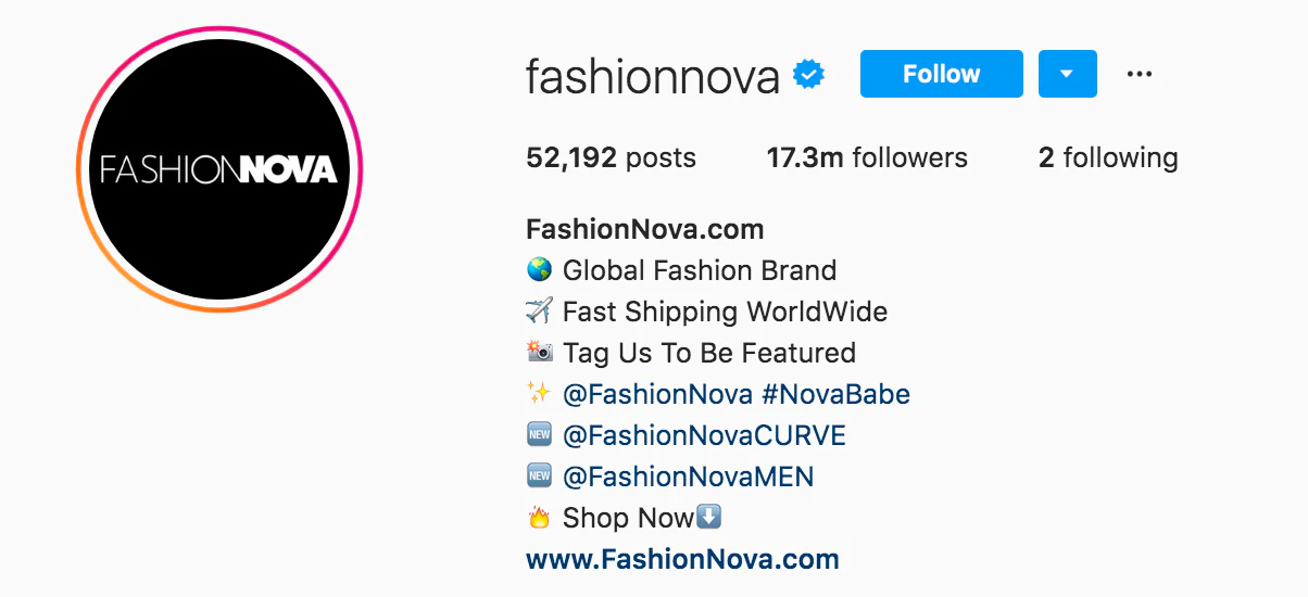 プロフィールでタグを巧みに使用しているFashion Nova社