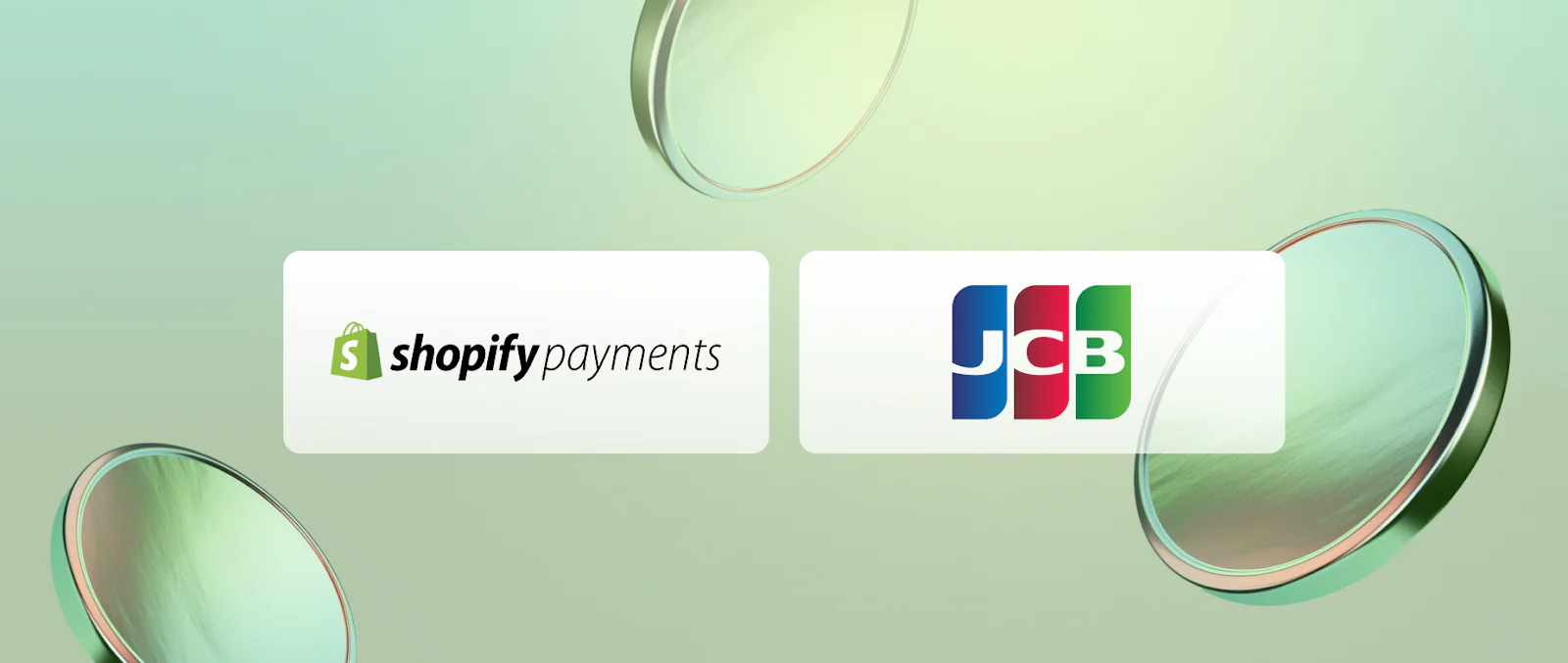 Shopify PaymentsのロゴとJCBのロゴが三つのコインの中央に配置されています。