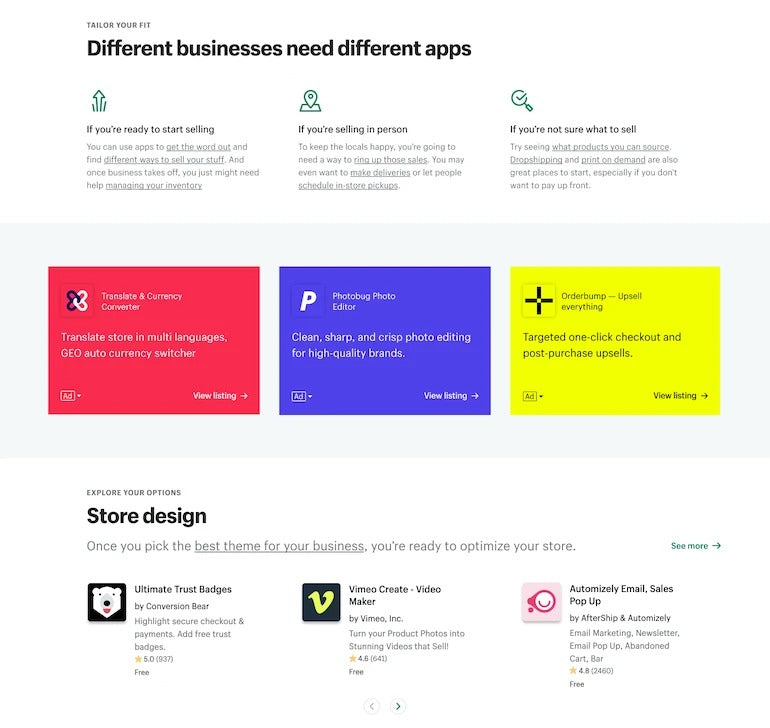 Shopify app store homepage
