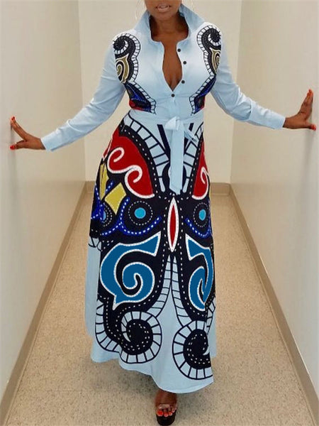 printed button up long sleeve maxi dress