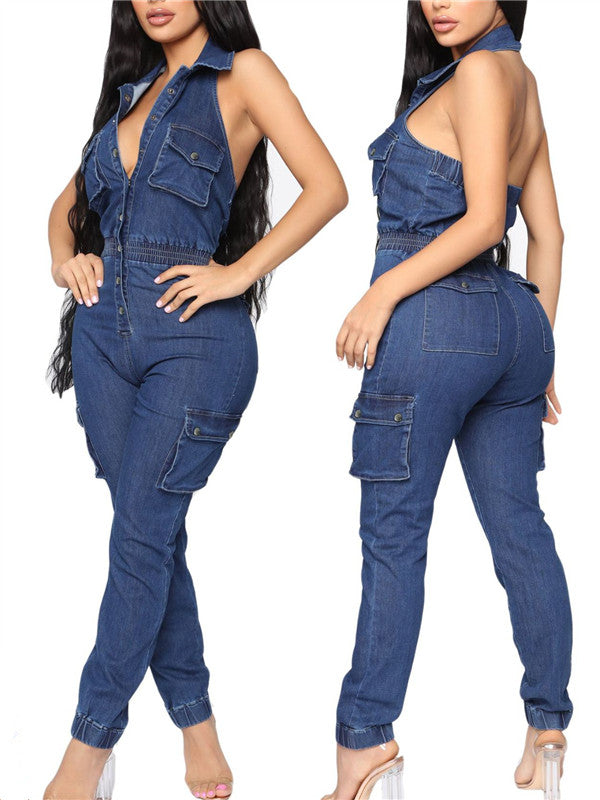 open back denim jumpsuit