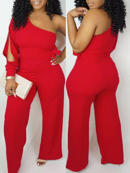 red belted one shoulder jumpsuit