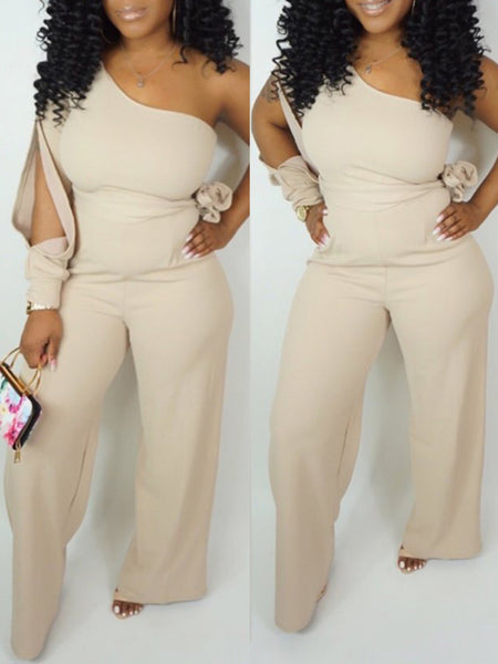 off one shoulder pierced belted wide leg jumpsuit