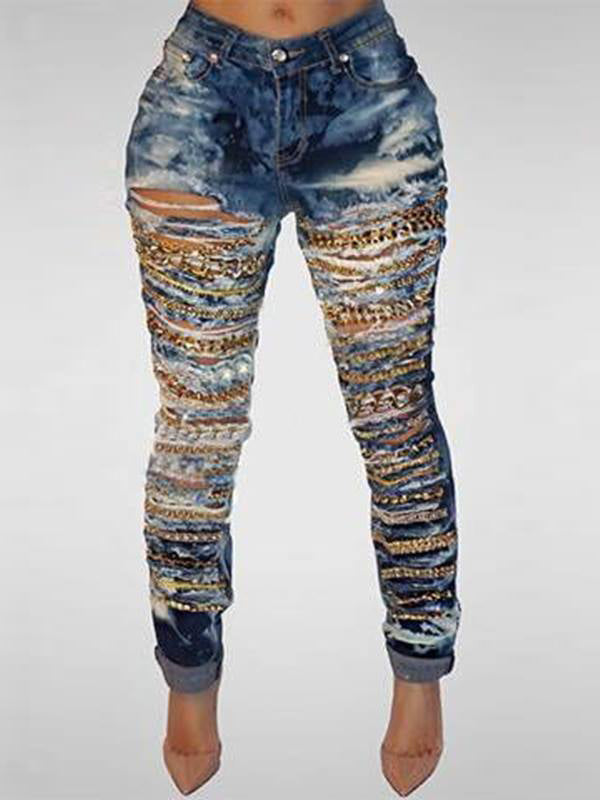 Ongekend High Waist Sequined Broken Holes Jeans – ForeverShe PX-24