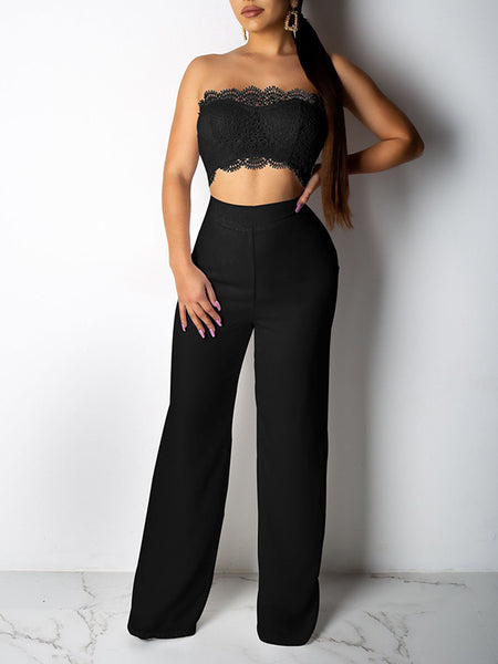Lace Hollow Out Solid Color Strapless Jumpsuit