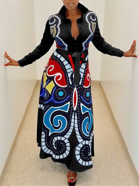 printed button up long sleeve maxi dress