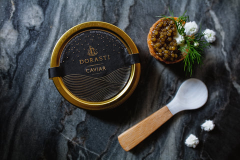 dorasti kaluga hybrid caviar with mother-of-pearl spoon