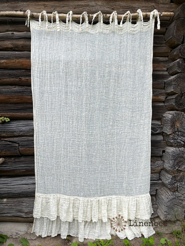 Boho ivory linen curtain with ruffle