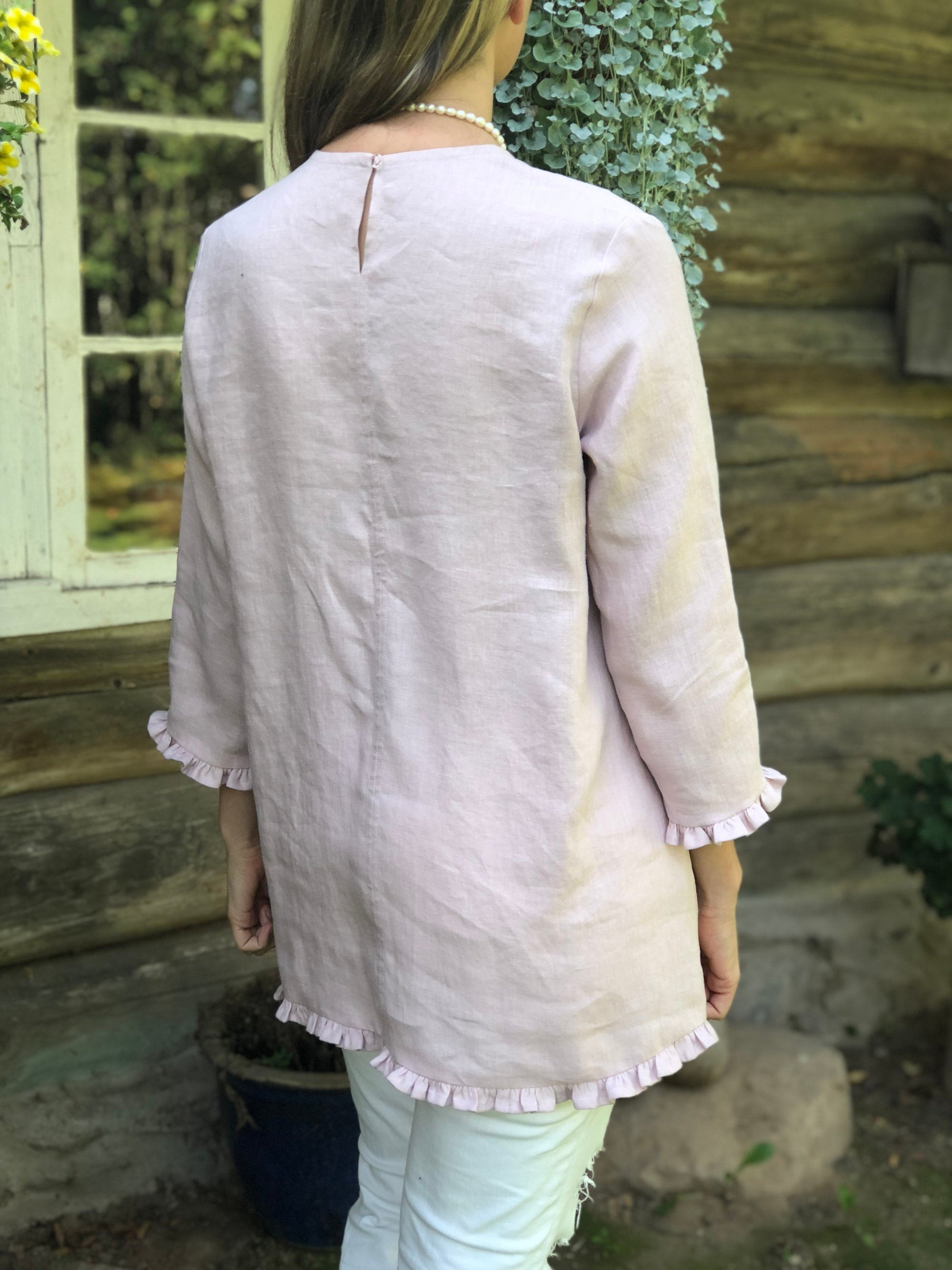 Linen Tunic with Ruffles 'Shirley', elegant linen tunic top - Linenbee