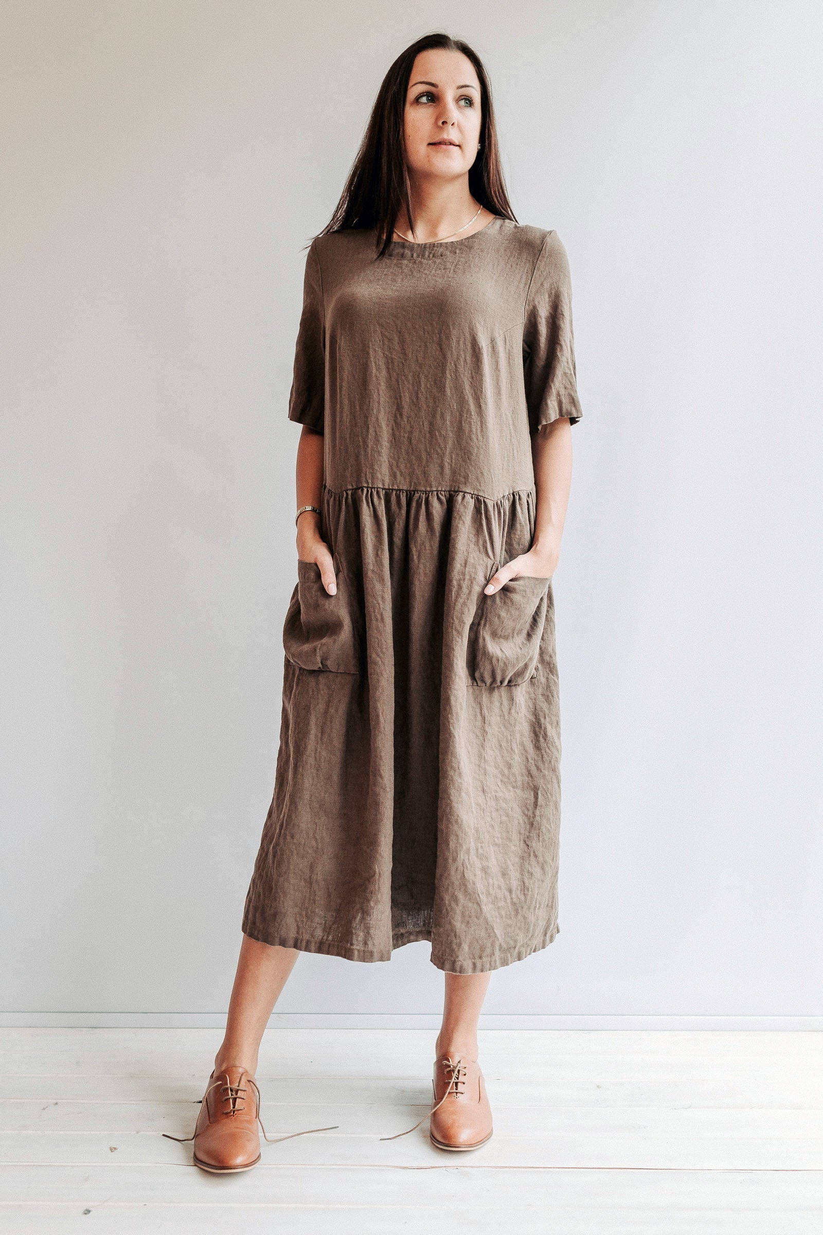 Loose Linen Dress "Jane" with Pockets, Midi length dress Linenbee