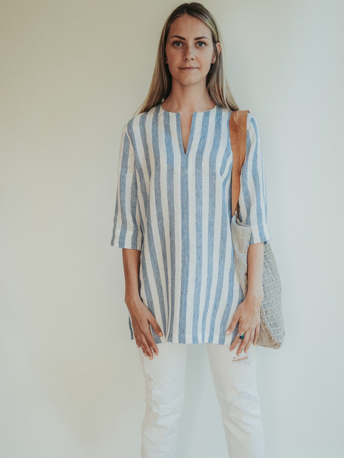 Linen V Neck Shirt for Women 'Lina', Striped Linen Shirt - Linenbee