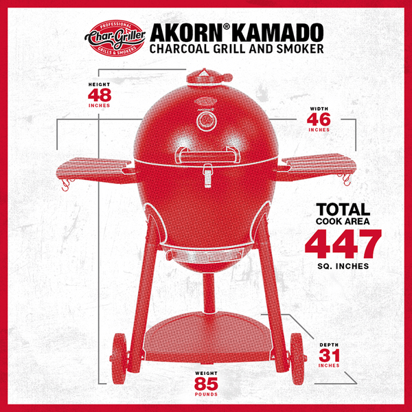 AKORN dimensions: height 48 inches, width width shelves 46 inches, depth 31 inches. Cook area is 447 square inches.  Weight, 85 lbs