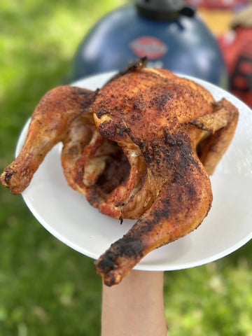 A cooked whole chicken rests on a round white plate with the legs pointed towards the viewer. The chicken is golden brown and covered in spices. A blue AKORN Jr. sits in the background