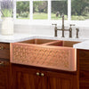 33" Gancher Copper Embossed Floral Design Double-Bowl Farmhouse Sink