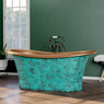68" Curtis Copper Double Slipper Smooth Bathtub - Inside French Patina & Outside Smooth Verdigris