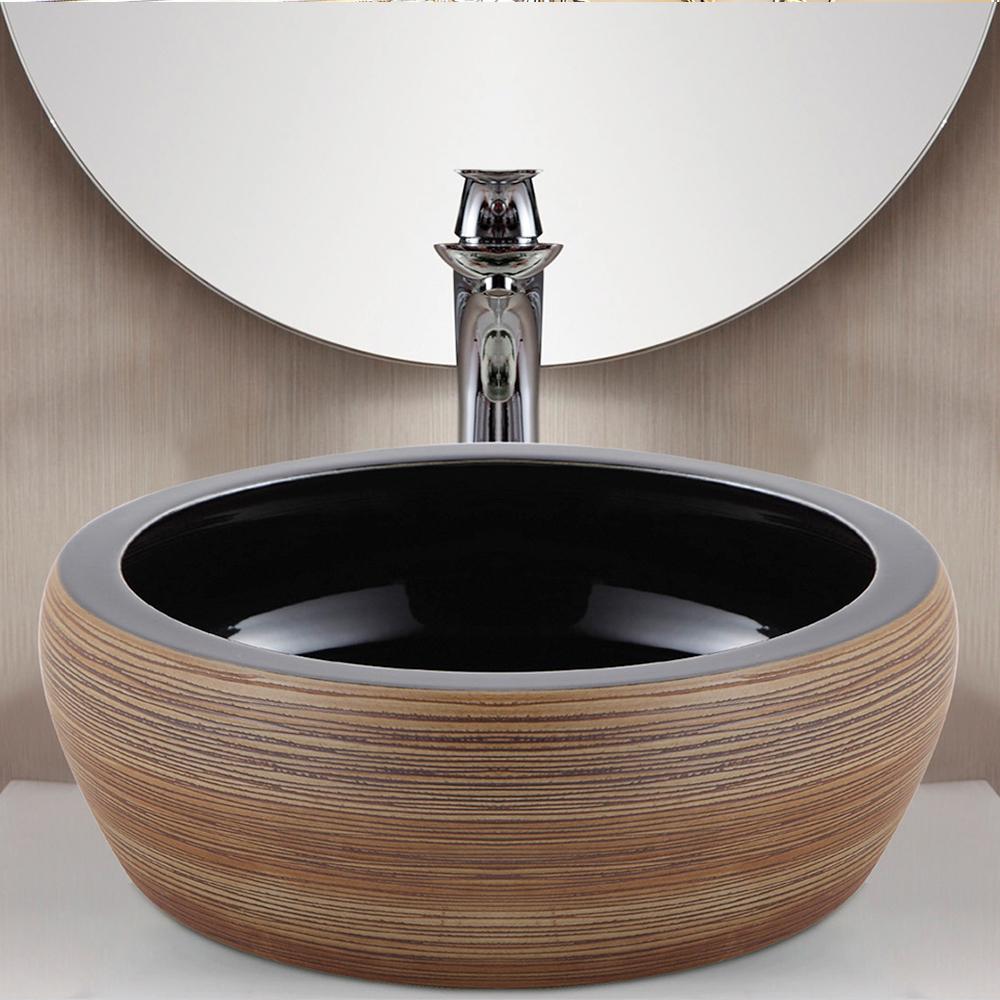 Mosby Vitreous China Decorated Vessel Sink - Black Interior with Textured Tan Brown Exterior
