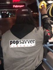 Custom Grey and Black Leather Varsity Letterman Jacket With “Pop Savvee  Clothing” Chenille Embroidery