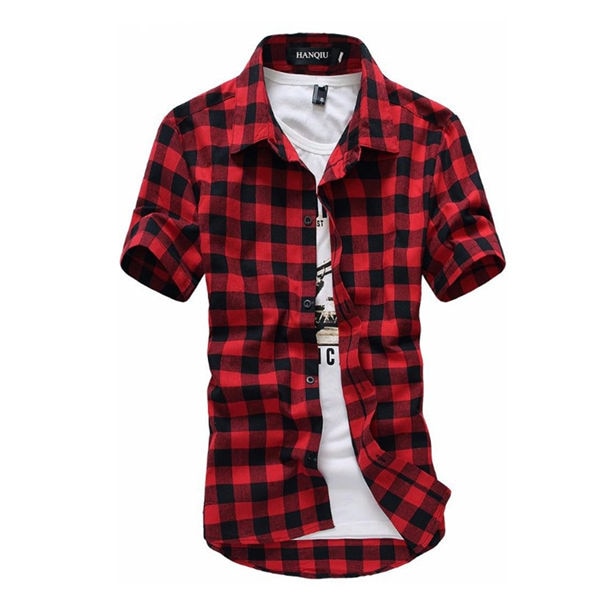 Red And Black Plaid Fashion Mens Checkered Short Sleeve Shirt — GoBliss