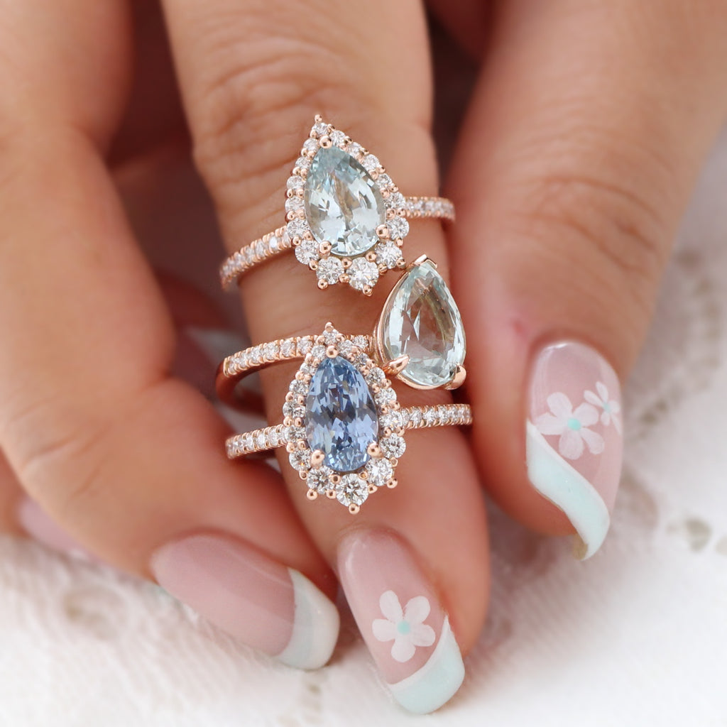 Pear shaped aqua blue sapphire diamond ring stacks by la more design jewelry 