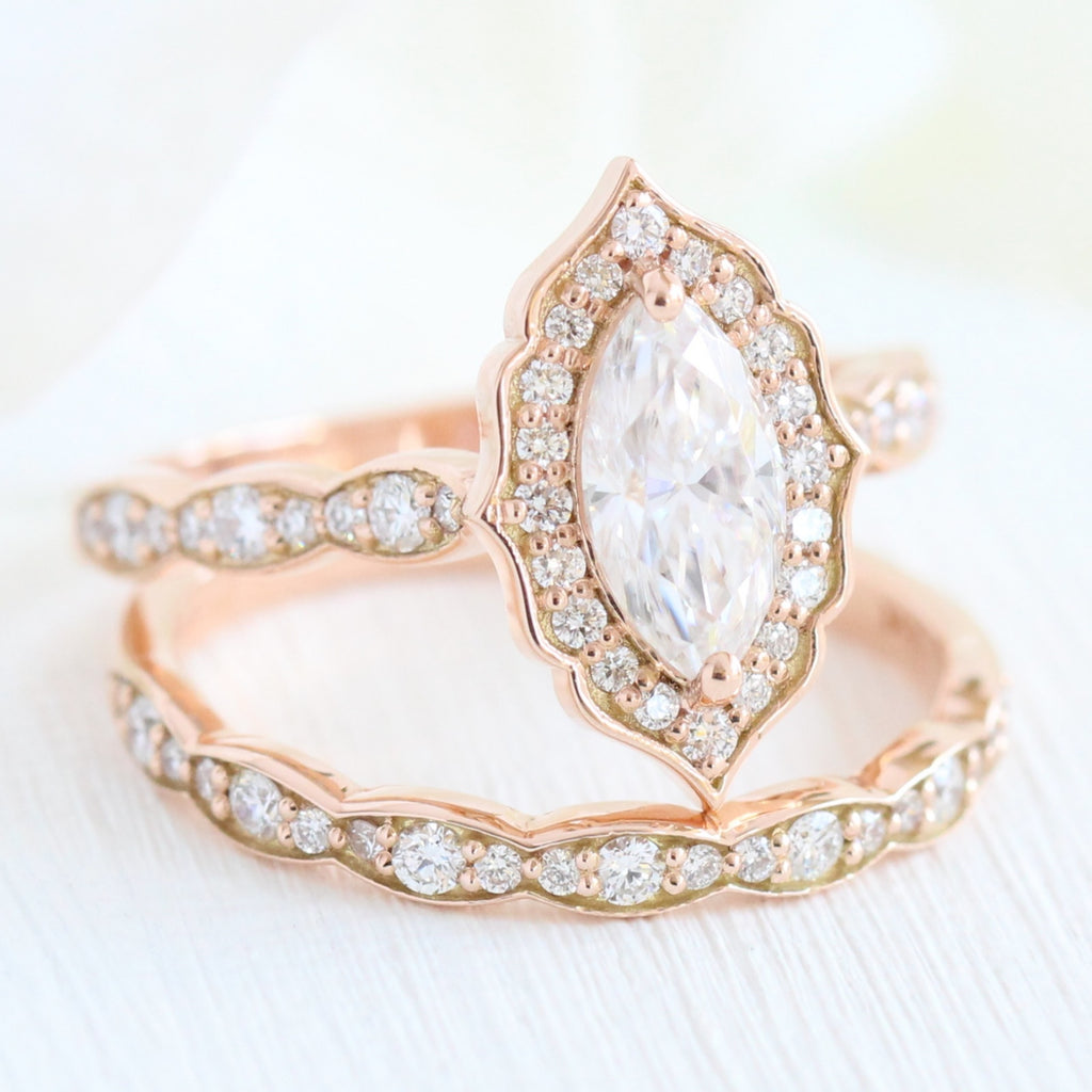 marquise moissanite diamond ring rose gold vintage halo diamond ring stack la more design jewelry