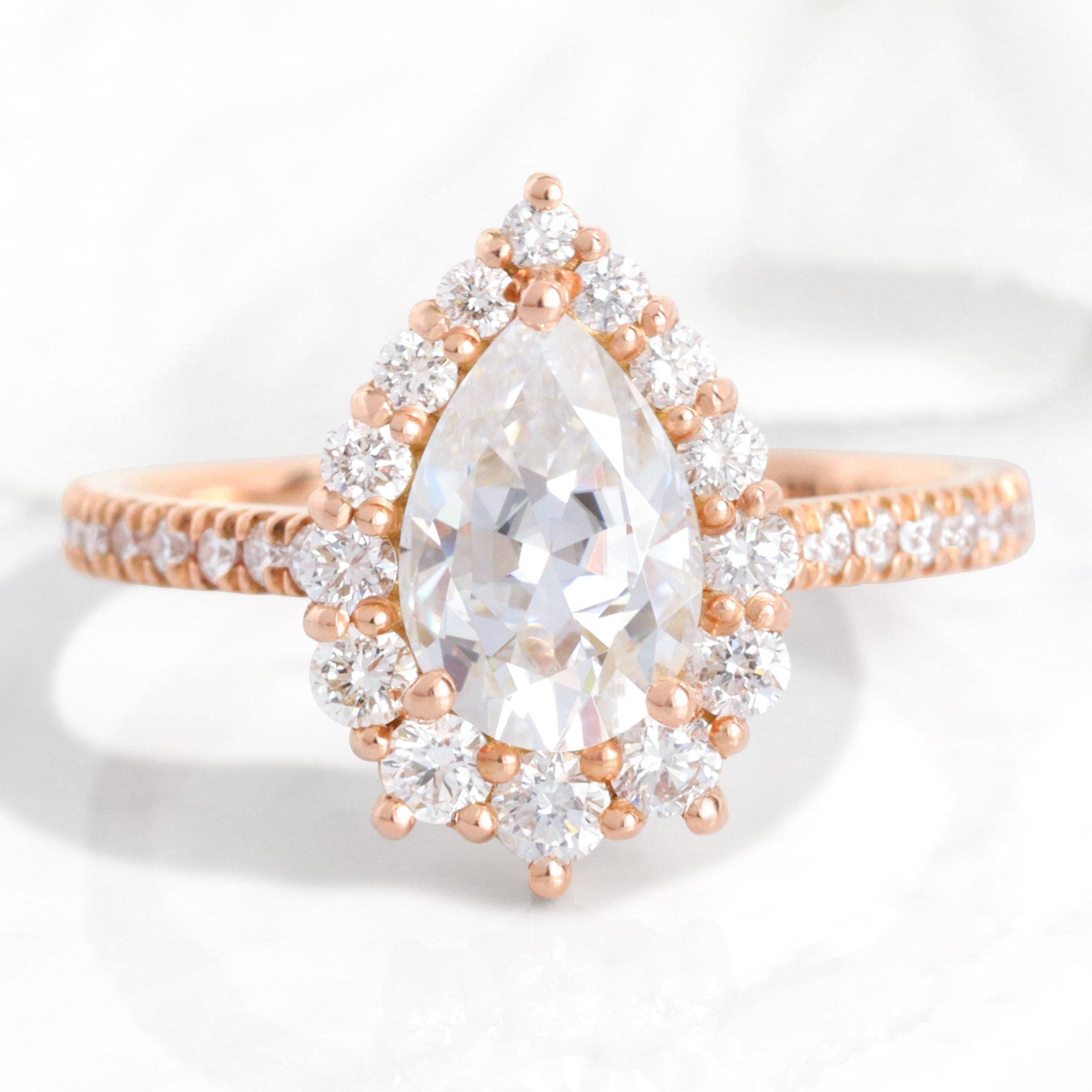 Large Pear Moissanite Engagement Ring in Tiara Halo Diamond Pave Band