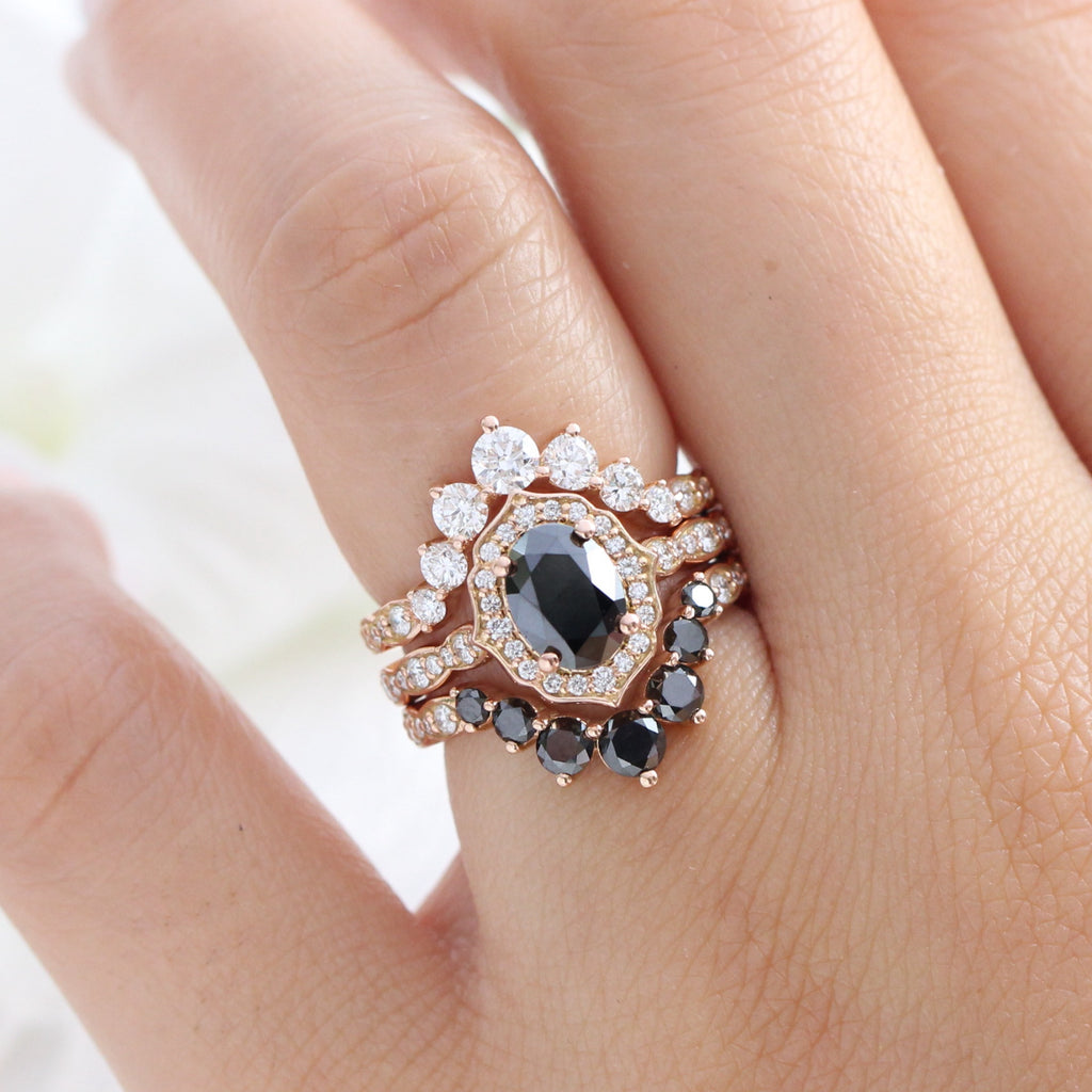 Vintage Floral Black Diamond Ring Stack with the Matching Black and White Diamond Curved Bands