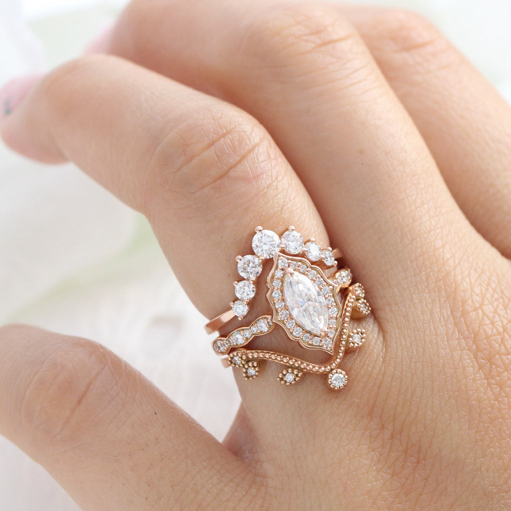 Vintage Floral Marquise Ring Stack with the 7 Diamond U-Shaped Band and Deep Curved Leaf Band