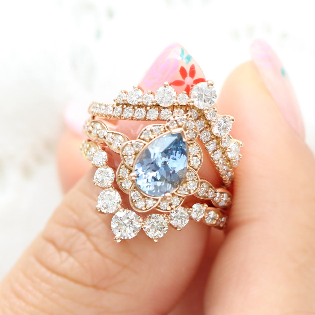 Vintage floral aqua blue sapphire ring set with curved diamond wedding bands la more design jewelry