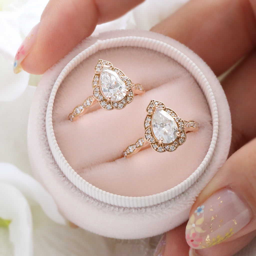 Vintage floral pear lab diamond ring (left) vs moissanite ring (right) La More Design Jewelry