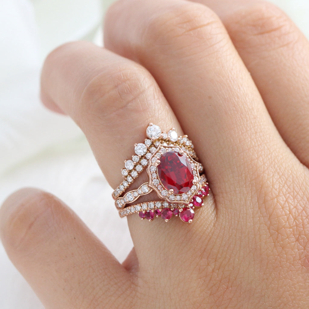 Vintage floral ruby ring bridal set with v shaped diamond wedding band la more design jewelry