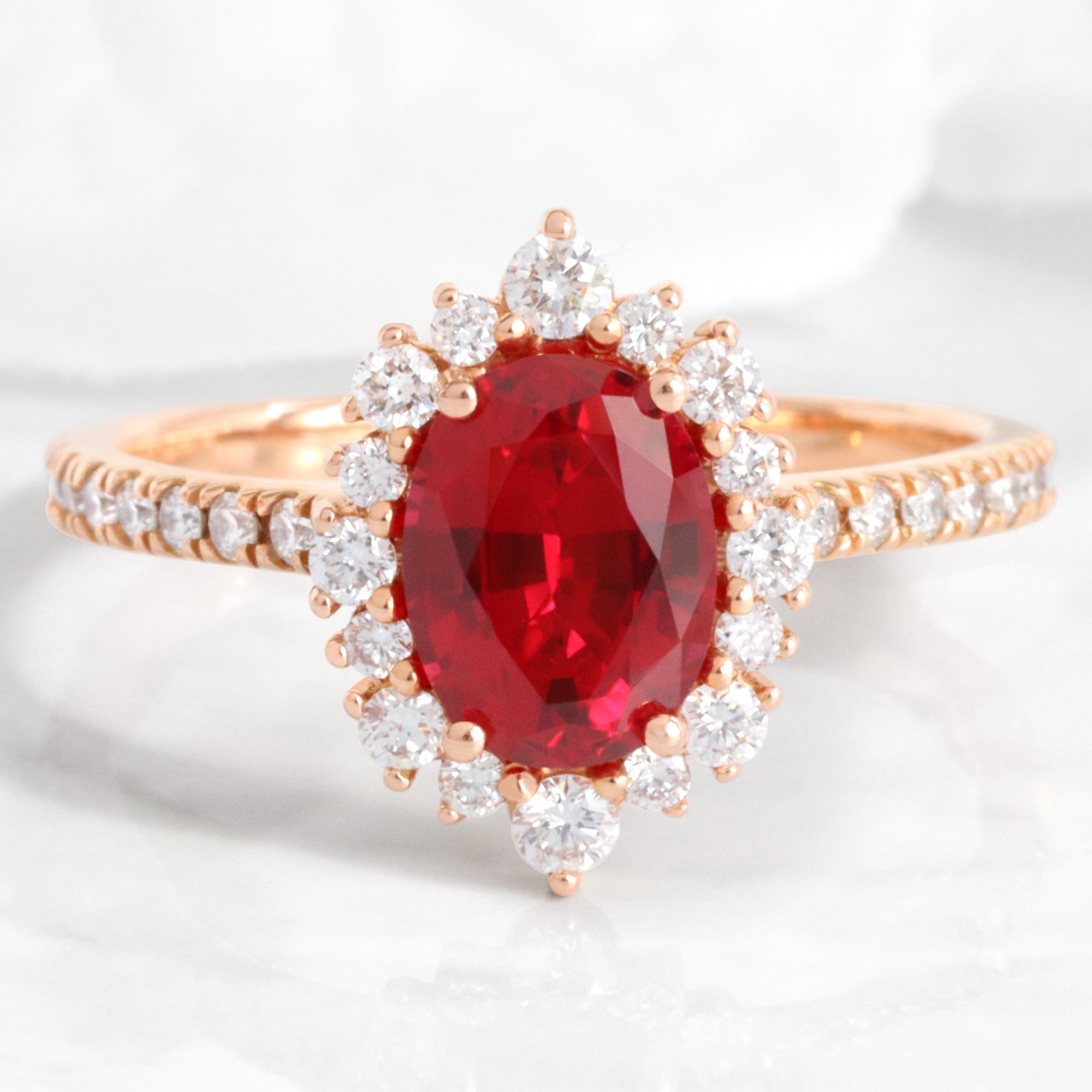 Tiara Halo Diamond Oval Ruby Ring in 14k Rose Gold Pave Band, Size 6.5
