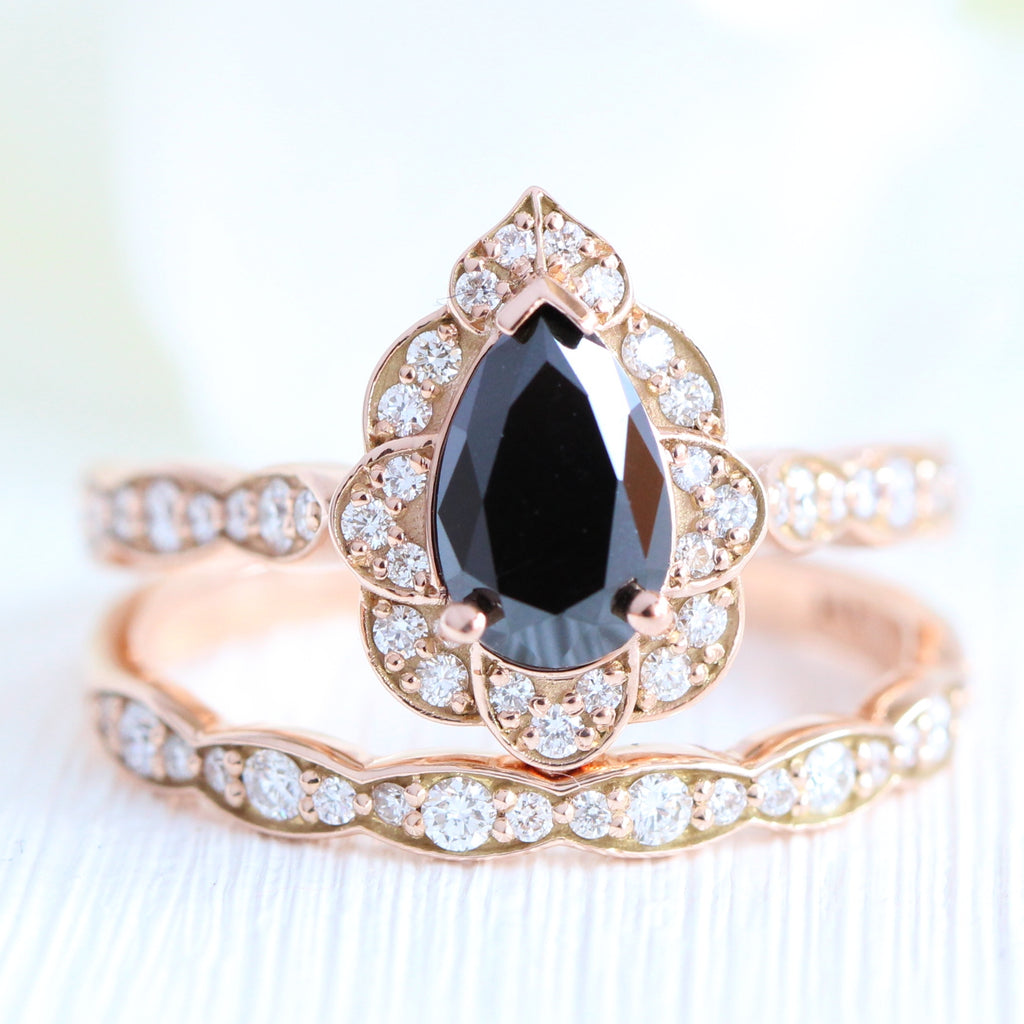 Pear black diamond ring in rose gold vintage halo ring stack la more design jewelry 