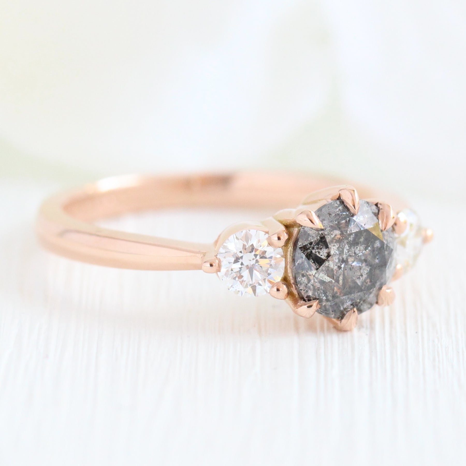 Salt and Pepper Grey Diamond Engagement Ring Rose Gold 3 Stone Ring ...