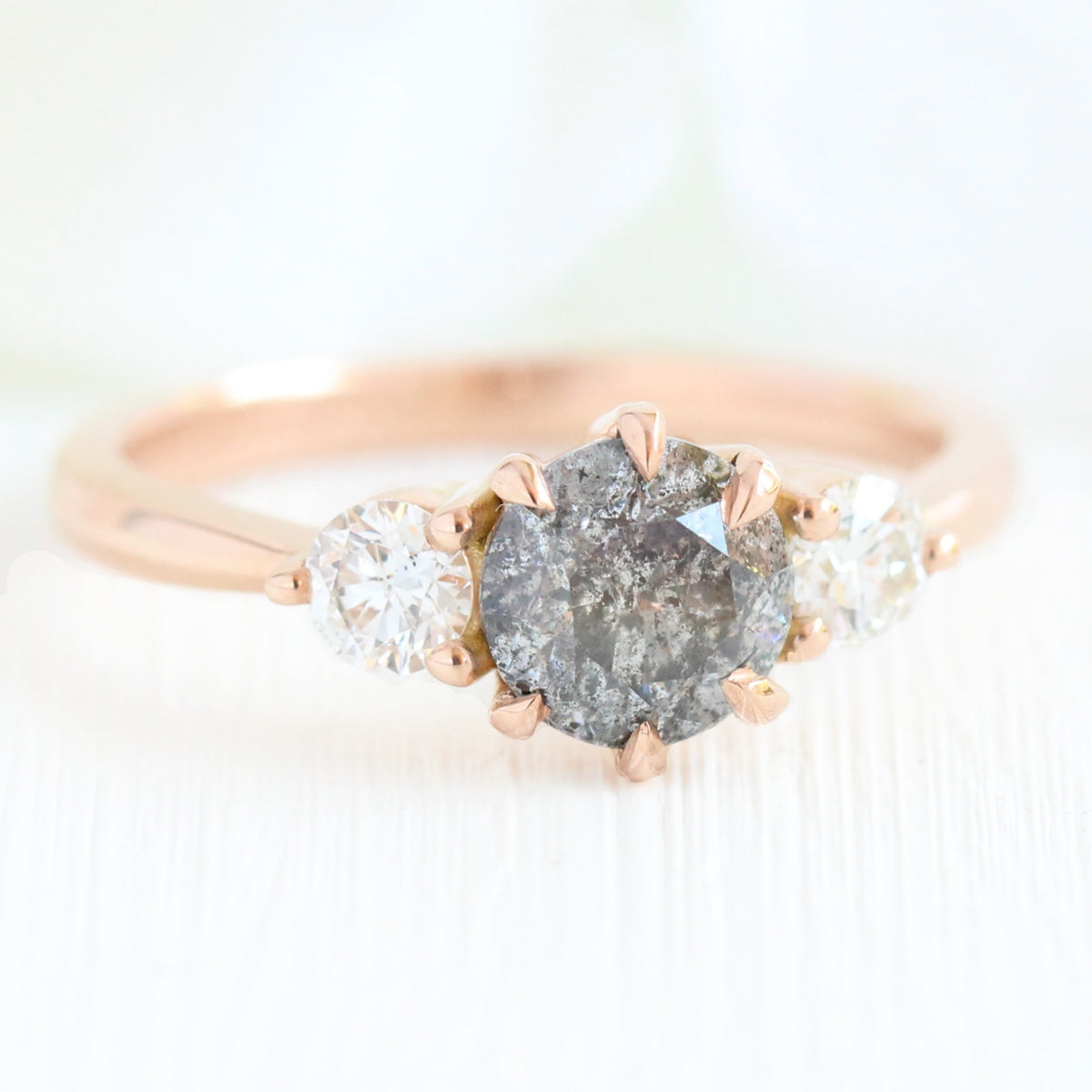 Salt and Pepper Grey Diamond Engagement Ring Rose Gold 3 Stone Ring ...