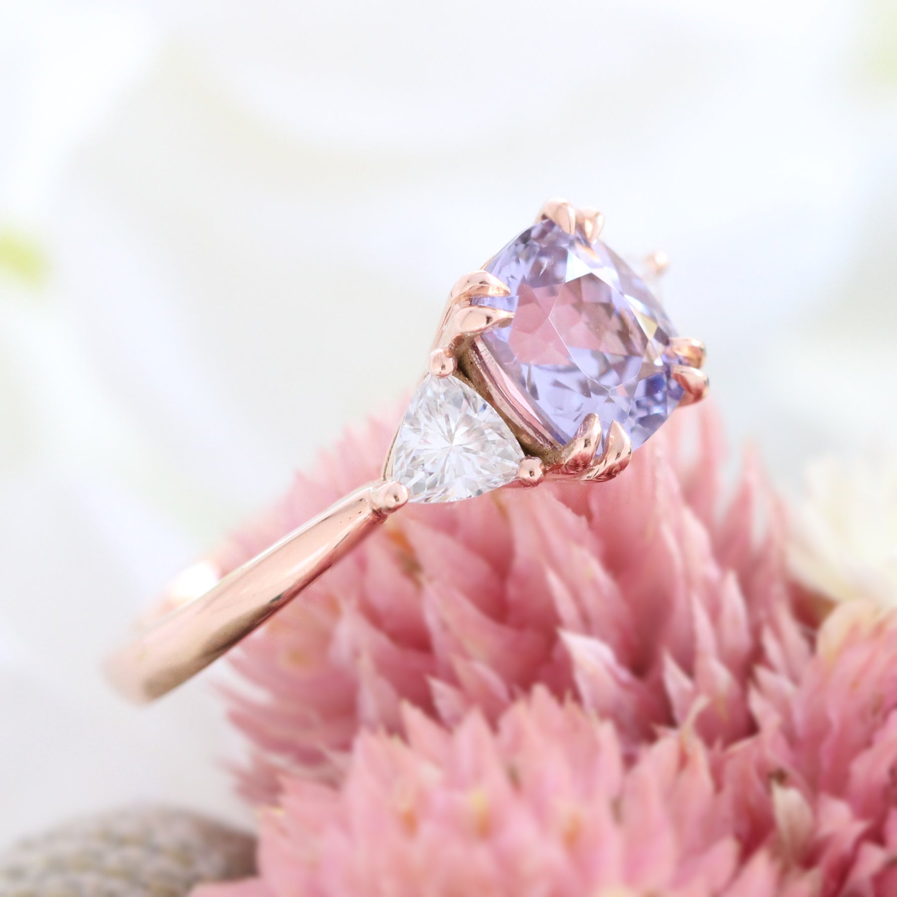 Cushion Cut Lavender Sapphire Engagement Ring Rose Gold 3 Stone Ring ...