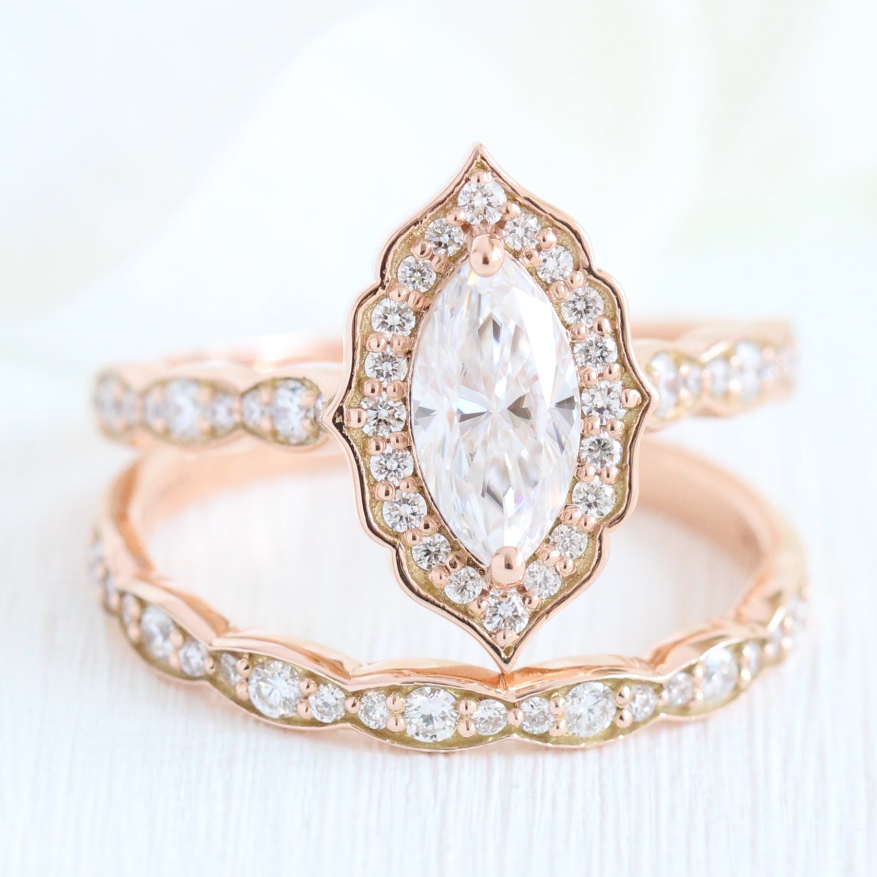 Marquise Moissanite Bridal Set Rose Halo Diamond Wedding | La More